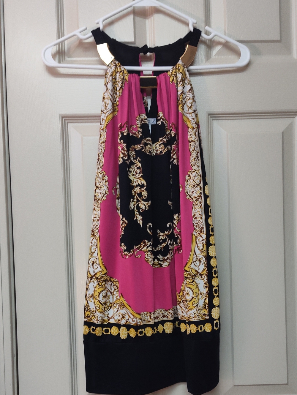 Cache Pink, Black & Gold Baroque Halter Blouse
